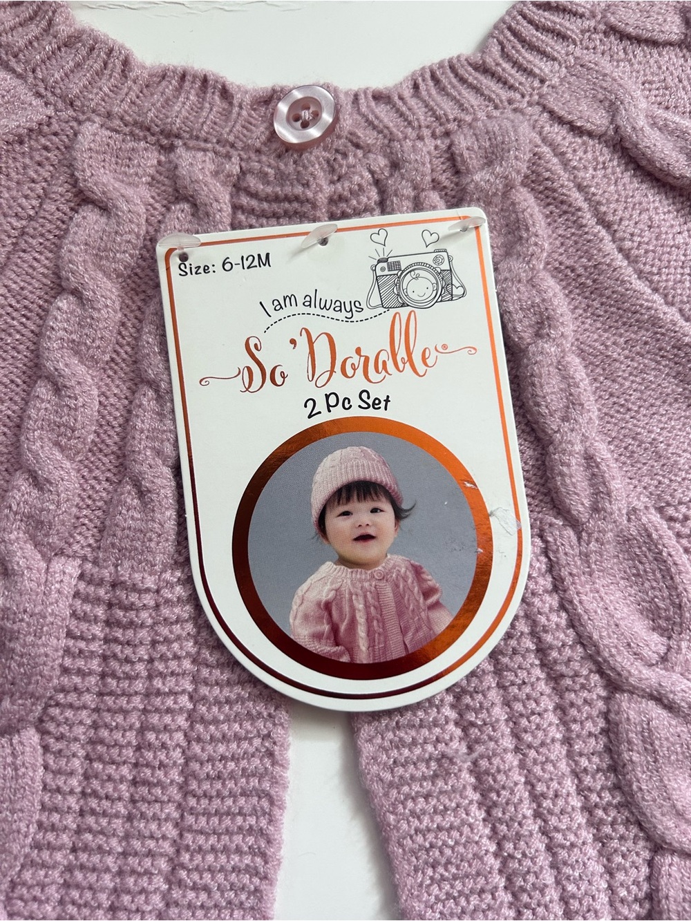 Chunky Knit Baby Sweater & Hat Set 6-12 Months Rose Color Soft - Picture 2 of 5